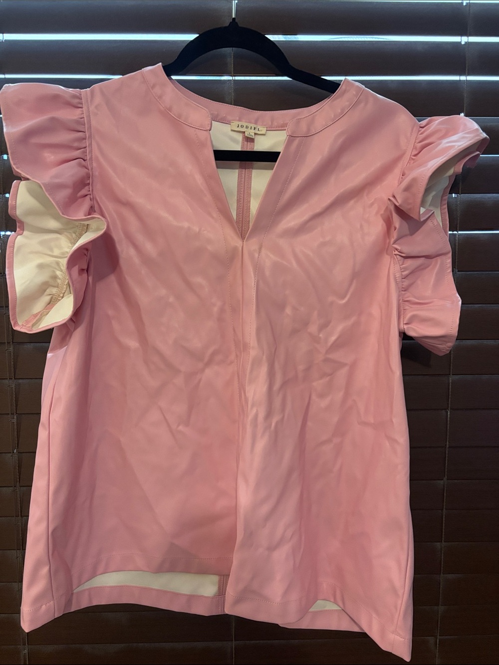 JODIFL Pink Ruffle Sleeve V-Notch Top